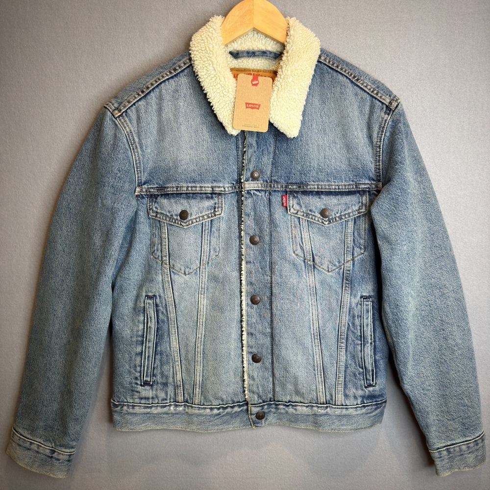 Levi's‎ Sherpa Lined Trucker Jacket Men's Medium Wash Blue Denim Jean Size S NWT